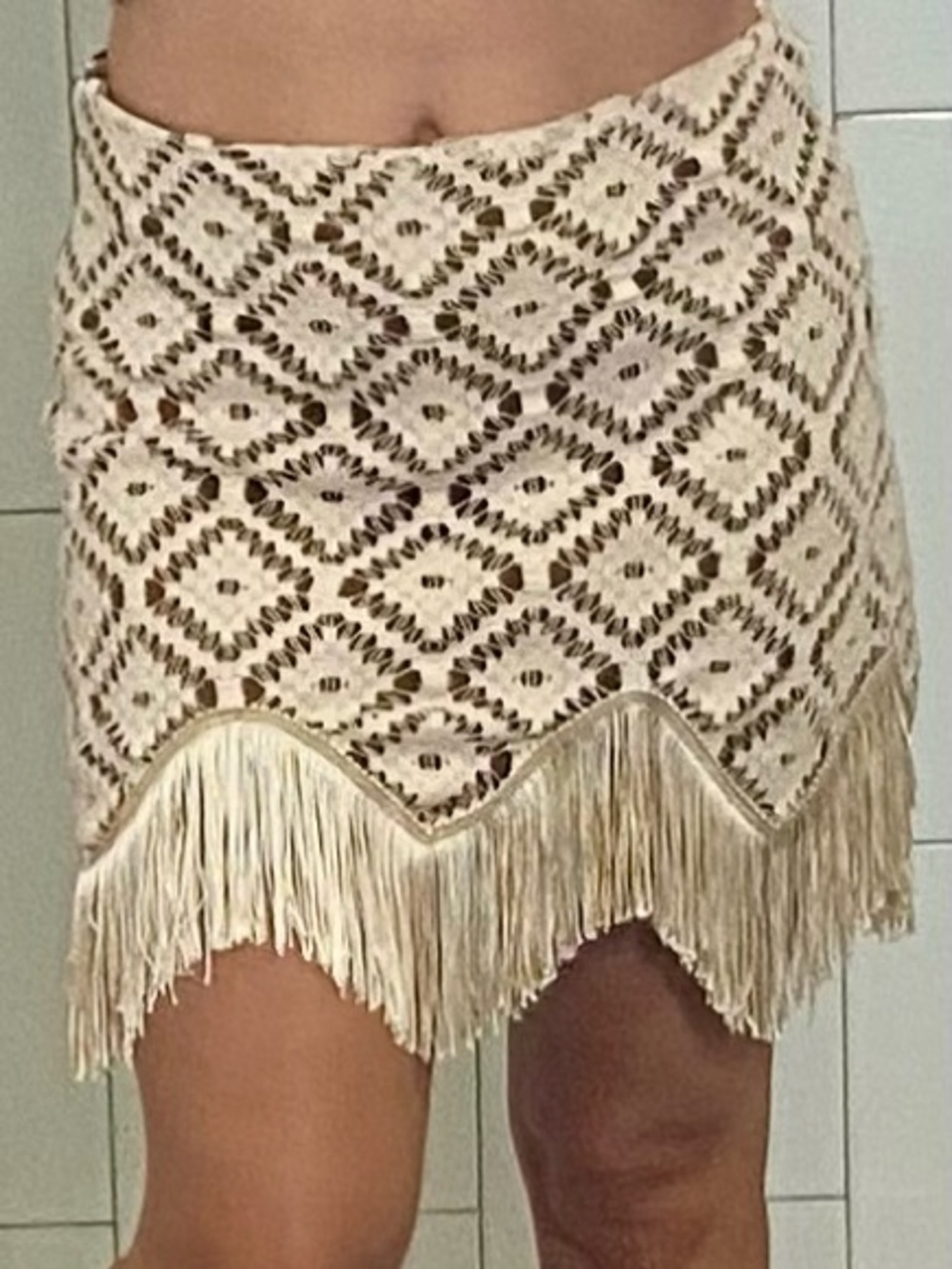 Judith March Beige Brown Crochet Mini Skirt with Dark Diamond Pattern & Fringe